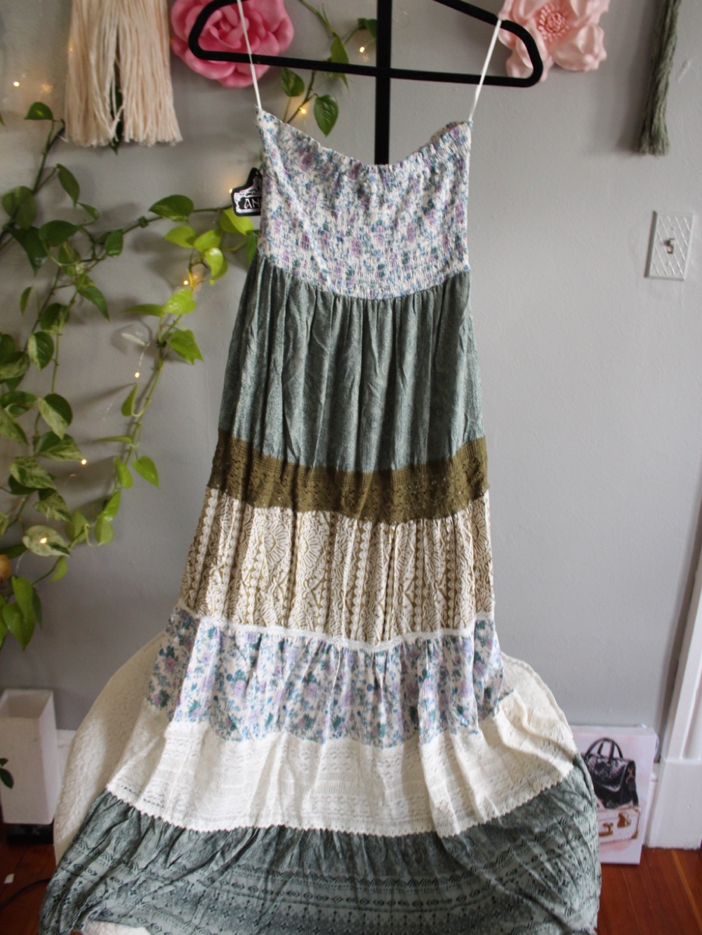 NWT Angie Boho Patchwork Tiered Maxi Dress Size S Floral Cottagecore - Picture 12 of 13